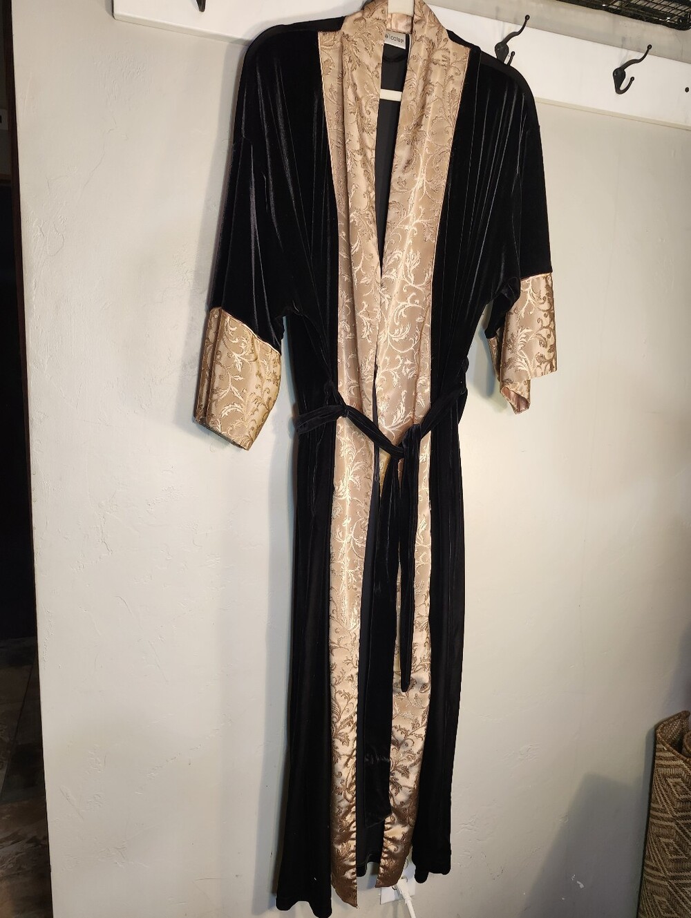 delicates Black Velvet Robe with Gold Jacquard Trim Maxi Vintage